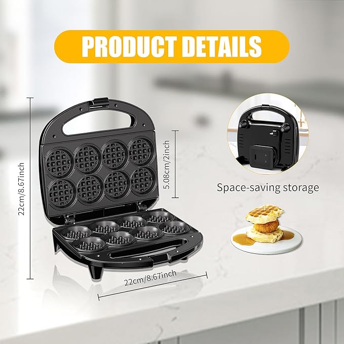 OSTBA Mini Waffle Maker: 750W Powerful Heating, Cooks 8 Waffles at Once - Image 2