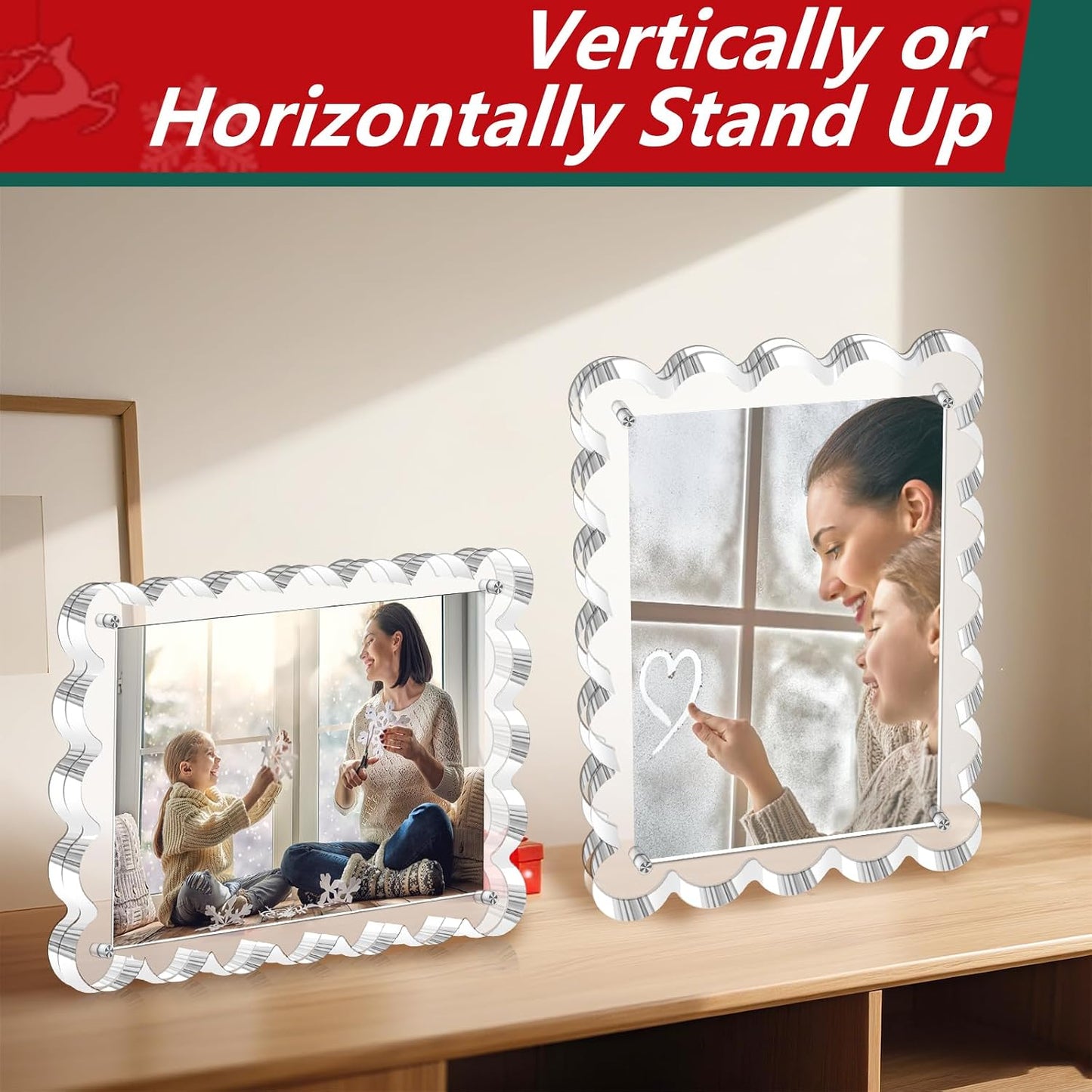 3 Pack Acrylic Picture Frame - 4x6 Magnetic Picture Frames | Double Sided Magnet Frames,10+10mm Thick Block, Clear Frameless Photo Scalloped Freestanding for Desktop Display
