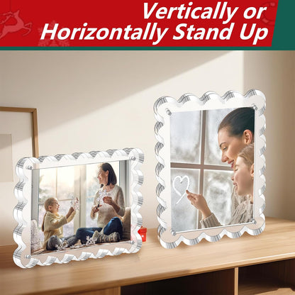 3 Pack Acrylic Picture Frame - 4x6 Magnetic Picture Frames | Double Sided Magnet Frames,10+10mm Thick Block, Clear Frameless Photo Scalloped Freestanding for Desktop Display