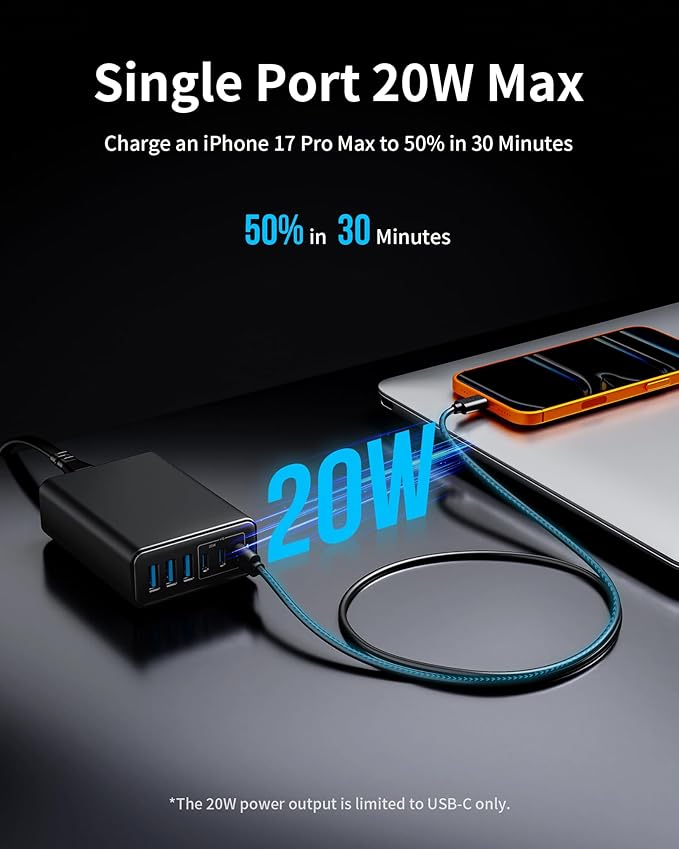 USB C Fast Charger, 105W GaN 6-Port Desktop USB Charging Station Hub, USB C - Image 5