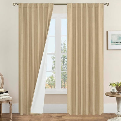 LAMIT 100% Blackout Curtains for Living Room, 95 Inches Natural Linen Textured by LAMIT