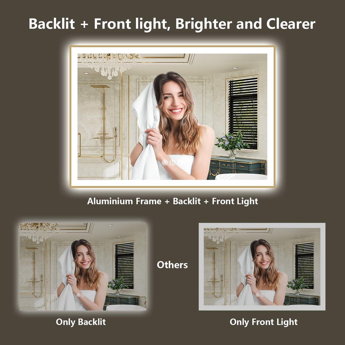 72x40 LED Bathroom Mirror with Lights, Gold Framed Lighted Mirror | Backlit and Front light, Anti-Fog, 3 Color Dimmable, Memory, Tempered Glass, IP54 Waterproof, UL Listed