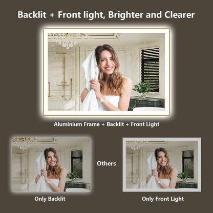 72x40 LED Bathroom Mirror with Lights, Gold Framed Lighted Mirror | Backlit and Front light, Anti-Fog, 3 Color Dimmable, Memory, Tempered Glass, IP54 Waterproof, UL Listed