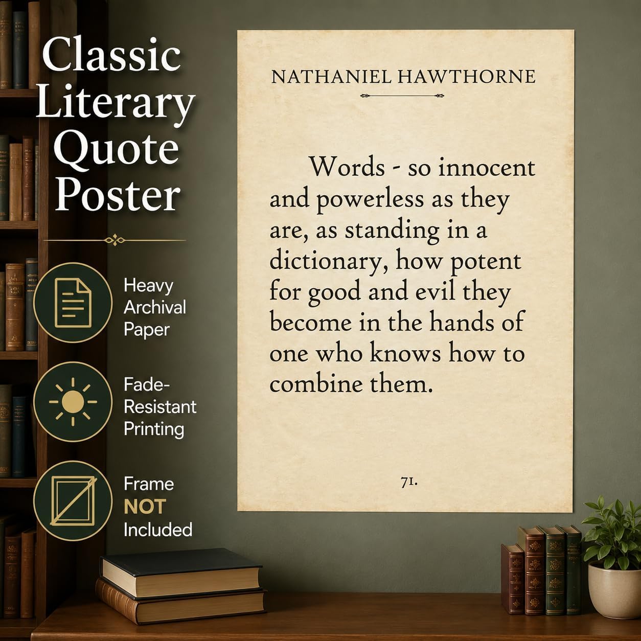 Nathaniel Hawthorne Words Quote Wall Art 24x36 Unframed Poster Words So Innocent and Powerless How Potent for Good and Evil Literary Print for Writers Authors Teachers Library Office Décor