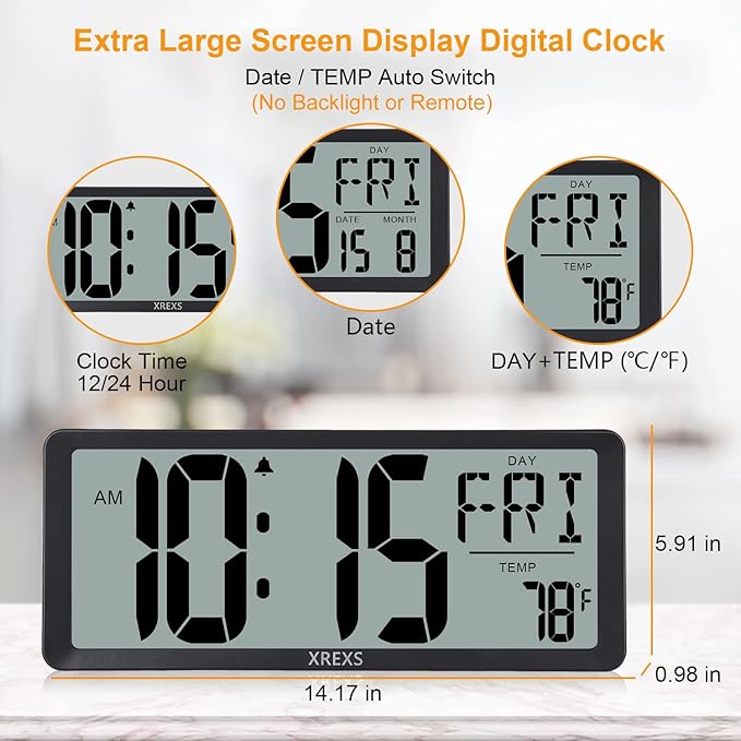 XREXS Large Digital Wall Clock, Battery Operated Alarm Clocks - Image 4