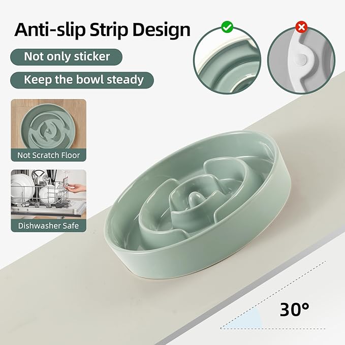 Ceramic 1.6 Cup Raised Slow Feeder Dog Bowl Set, Elevated Wooden Stand - Image 3