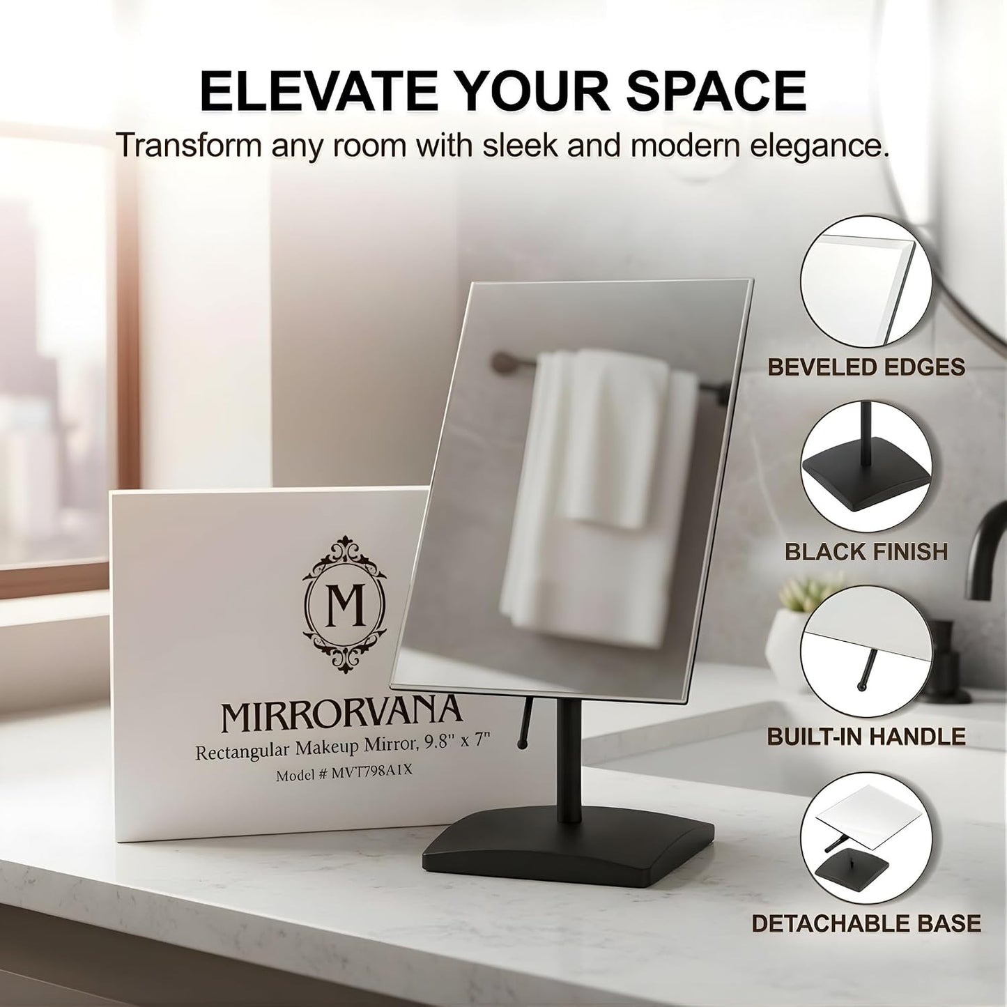 Large Adjustable Table Desk Mirror with Stand, 9.8" x 7" (Black) | Personal Face Mirror Fits Vanity, Bathroom Countertop, or Office Desktop with Stable Base for Styling, Makeup & Daily Care