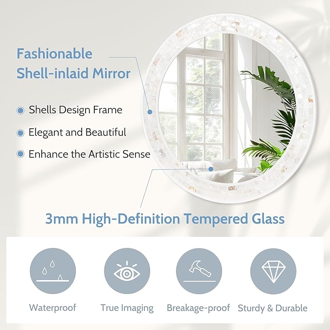 Tanmicoshomy Round Wall Mirror 30 Inch, Natural Shell Framed Circle Mirrors - Image 4