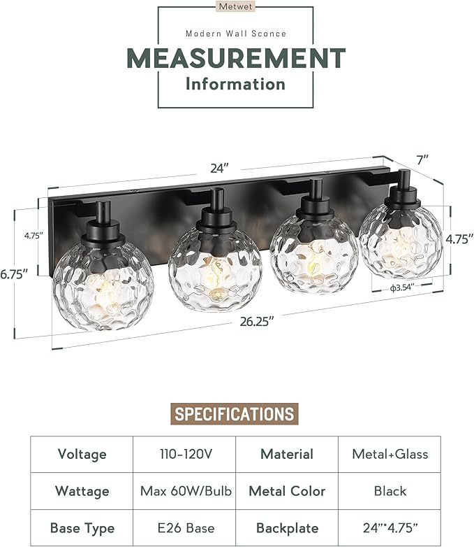 METWET Bathroom Light Fixtures Over Mirror, 4-Light Modern Sconces Wall Lighting - Image 2