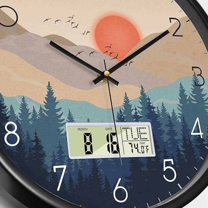 Silent Wall Clock with Day Week Temperature Wilderness with Sunset Non-ticking - Image 9