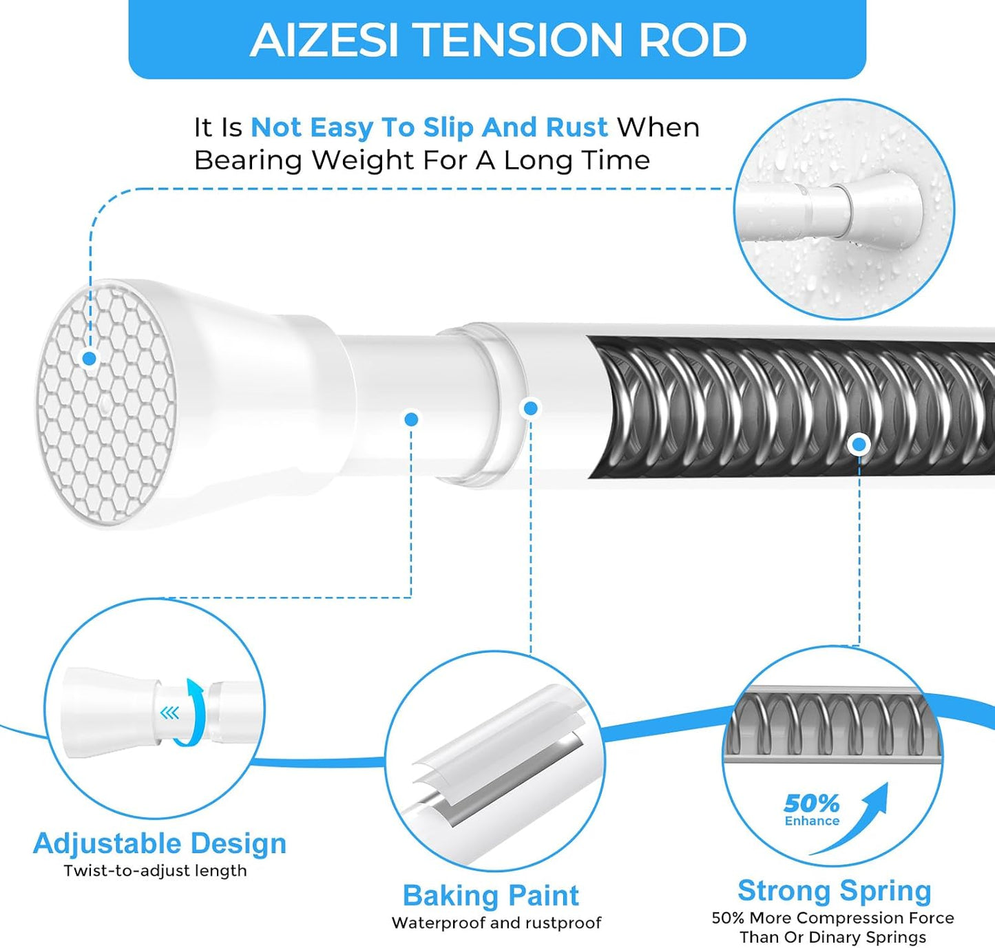 2PCS White Tension Curtain Rod 16 to 26 Inch Adjustable No Drilling | Rust-Resistant, No Slip, Small Spring Curtain Rods for Window, Kitchen, Closet, Cupboard, Bookshelf & DIY Projects