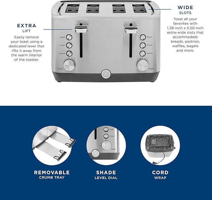 GE Stainless Steel 4 Slice Toaster | Extra Wide Slots - Image 3