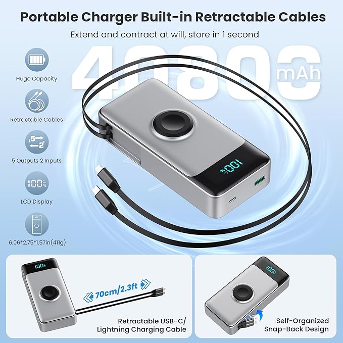 5-in-1 Portable Charger for iPhone, 40800mAh Power Bank Built-in Retractable - Image 2