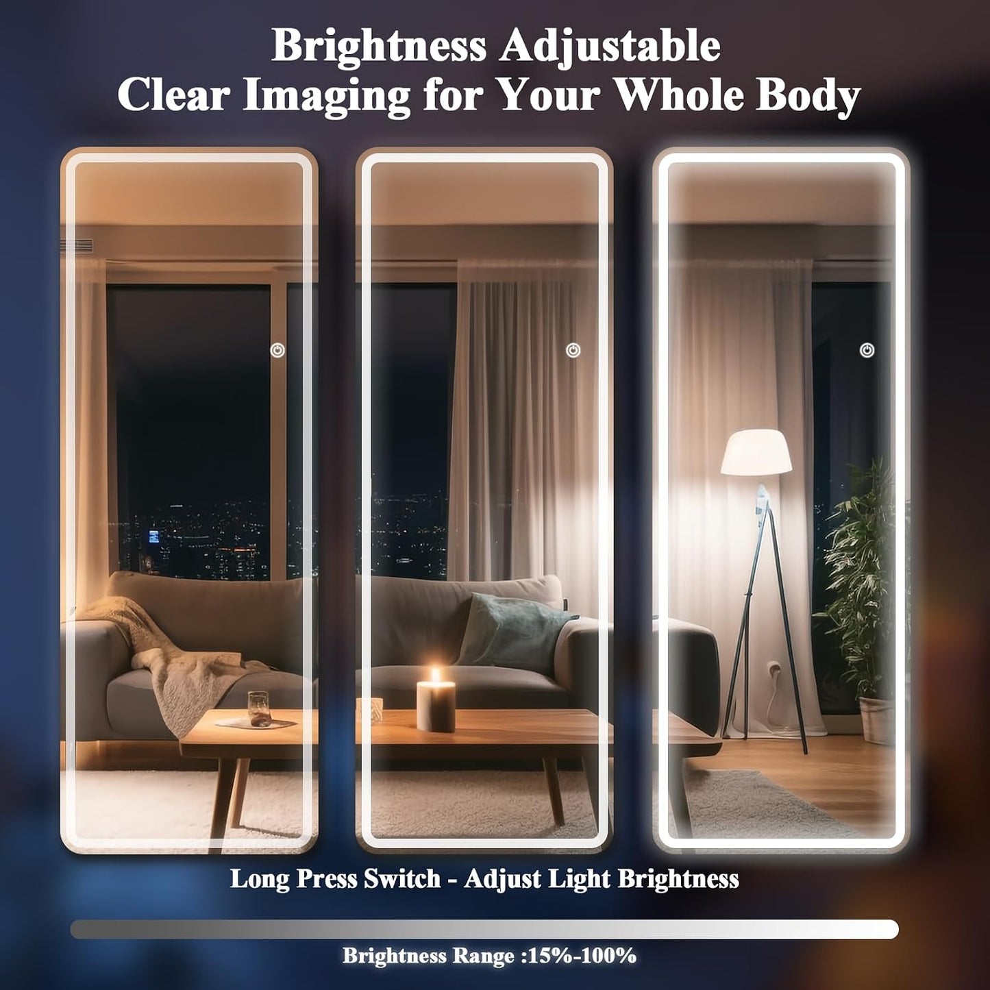 71"x26" Dimmable 3-Color Large LED Full Length Floor Body Mirror | Stepless Brightness Adjustment, Memory Function, Rounded Corner, Standing Wall Mounted for Bedroom, Living Dressing Room