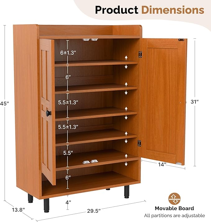 Farmhouse Shoe Cabinet with Doors, 6-Tier Wooden Shoe Organizer with Adjustable - Image 2