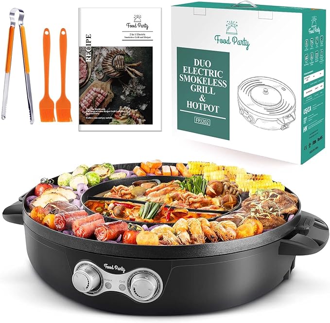Food Party Hot Pot Electric Korean BBQ Grill 2 in 1 Hotpot Smokeless Indoor by FoodParty