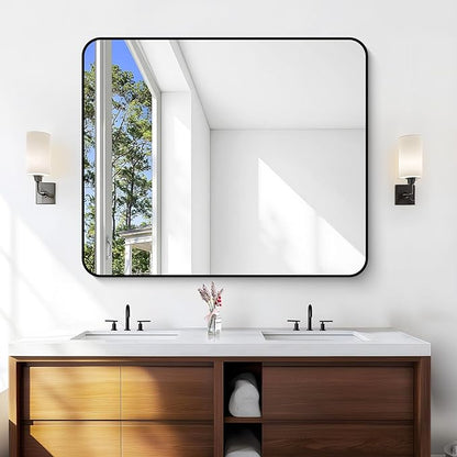Bathroom Mirror, 48 x 40 inch Black Rectangle Wall Mirror, Metal Frame - Image 5
