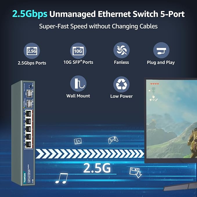 7 Port 2.5G Unmanaged Ethernet Switch, 5 x 2.5G Base-T Ports, 2 x 10G SFP - Image 2