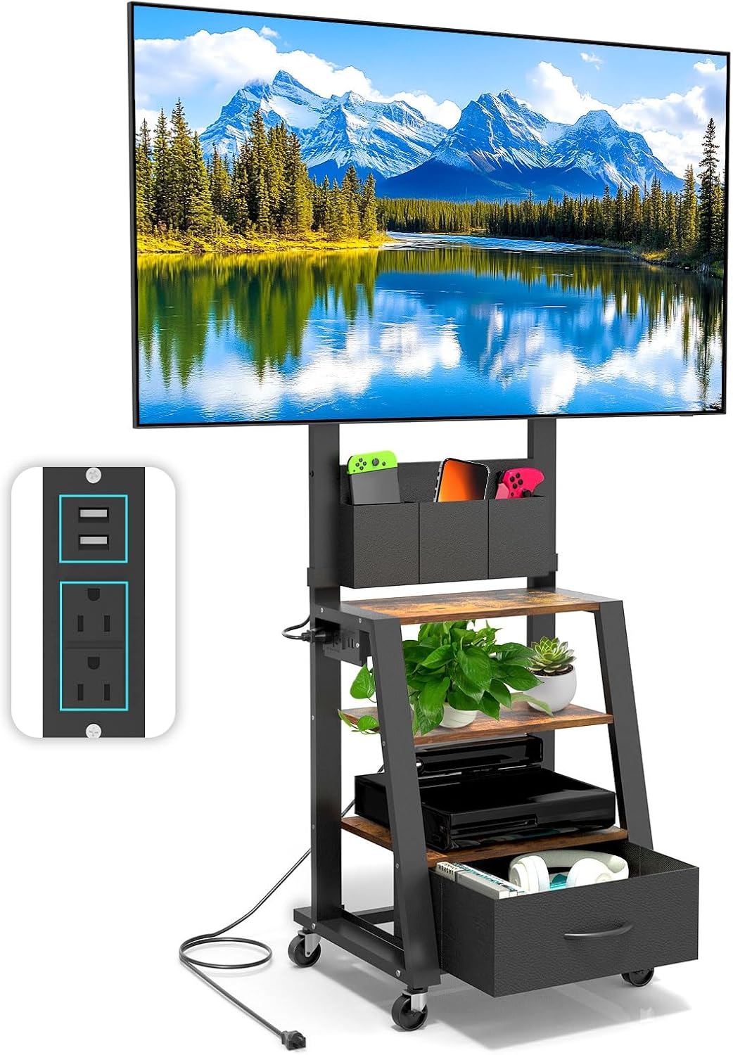 Rolling TV Stand with Power Outlet & 4-Tier Storage for 23-60 Inch Flat/C...