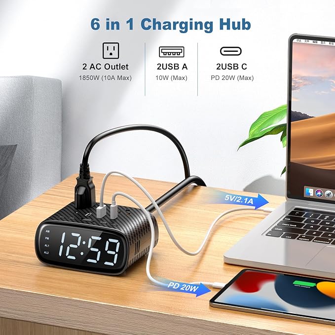 Sussex Alarm Clock with 2 USB-C, 2 USB-A Chargers Power Strip 2 Outlets - Image 3