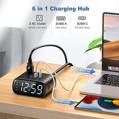 Sussex Alarm Clock with 2 USB-C, 2 USB-A Chargers Power Strip 2 Outlets - Image 3