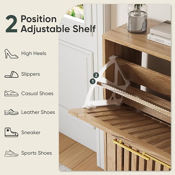 Shoe Cabinet with 2 Flip Slatted Drawers, Farmhouse Slim Shoe Organizer Rack - Image 4