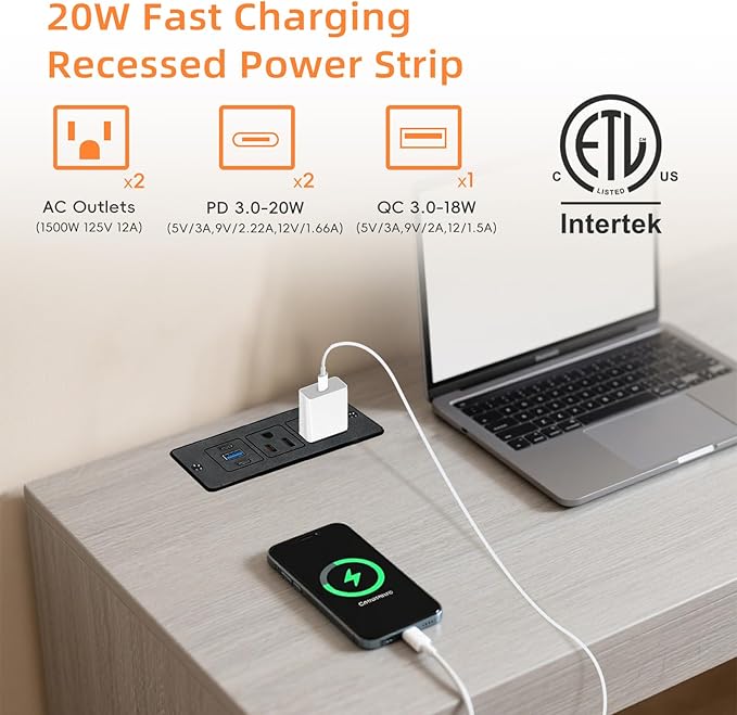 2 Pack Recessed Power Strips USB, 20W Fast Charging Furniture Outlets - Image 2