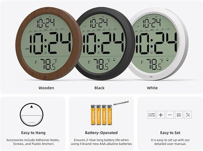 Digital Wall Clock with Date, Indoor Temperature, Battery-Operated Digital Clock - Image 6