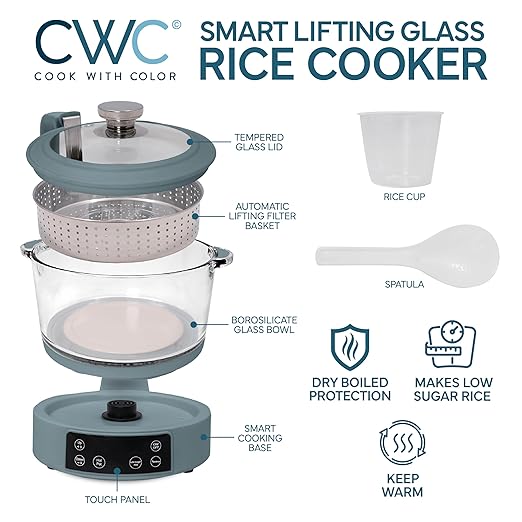 COOK WITH COLOR 3L Glass Mini Low Carb Rice Cooker – Holds 2 Cups Raw/Makes 6 - Image 2