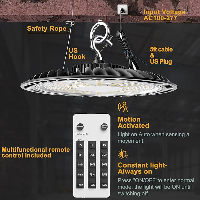 ACOHOOK 300W LED High Bay Light Motion Sensor, 45000lm Commercial Bay Lights - Image 6