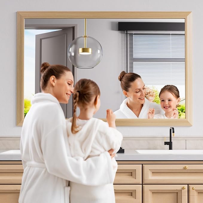 Amorho Bathroom Mirror, 50 X36 Inch Wall Mirror, Oak Wood Grain Metal Framed - Image 5