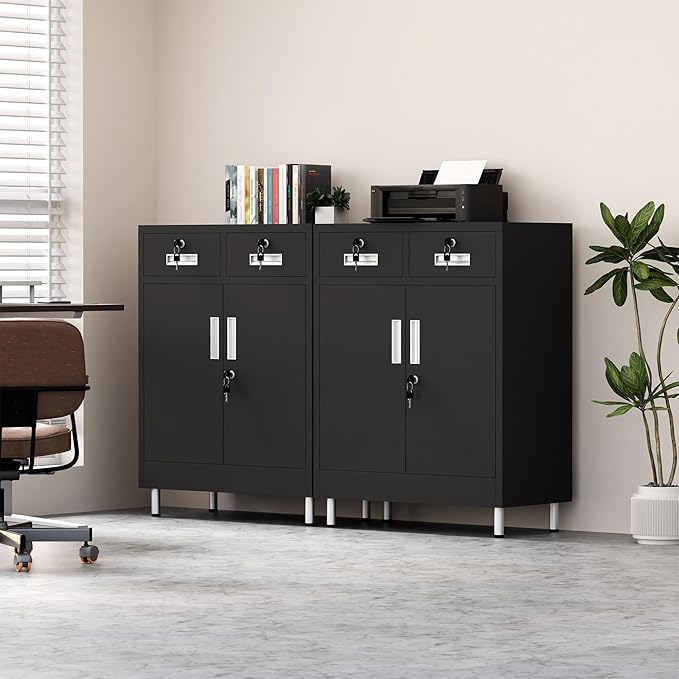 Metal Storage Cabinet with Locking Doors and 2 Drawers, Lockable Storage - Image 7