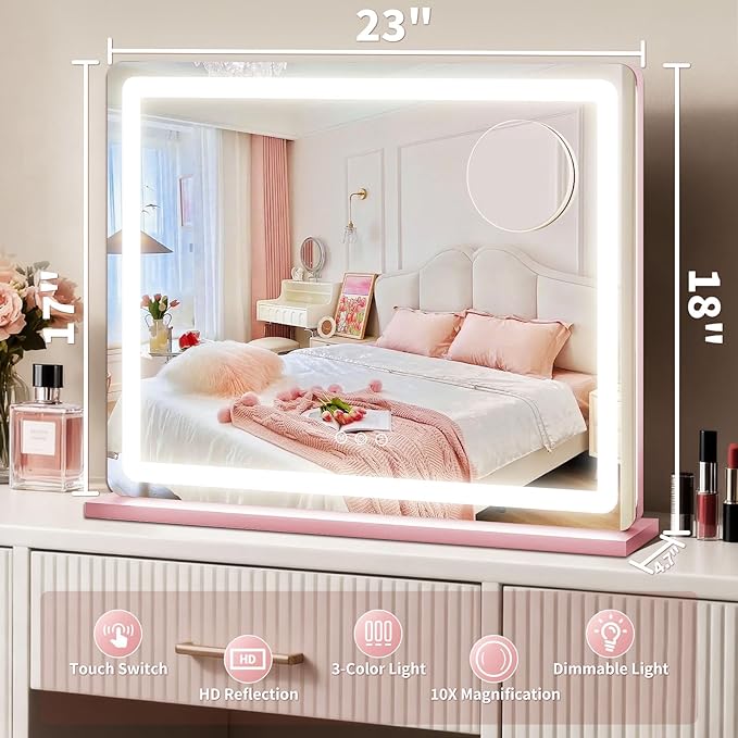 ROLOVE Pink Makeup Mirror with Lights, 23x18 Inch - Image 2