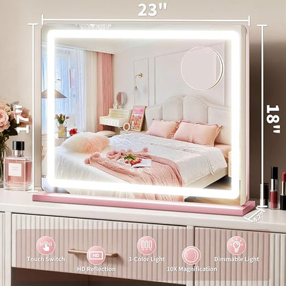 ROLOVE Pink Makeup Mirror with Lights, 23x18 Inch - Image 2