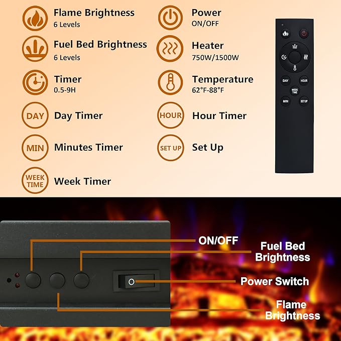 23.6 Inch Electric Fireplace Insert, Recessed Electric Fireplace Heater - Image 3