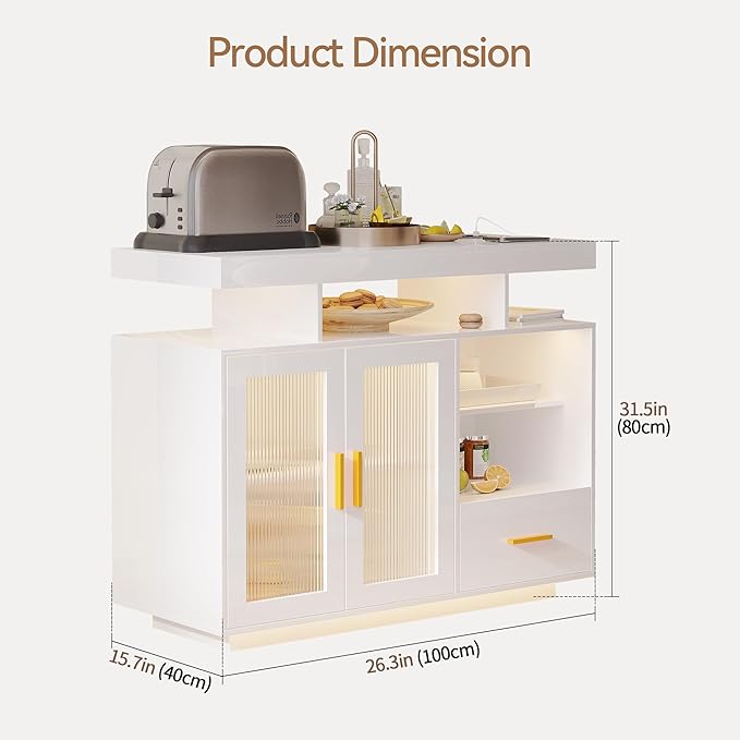 40" Wood LED Coffee Bar with Wireless Charging Station, Kitchen Storage Cabinet - Image 2