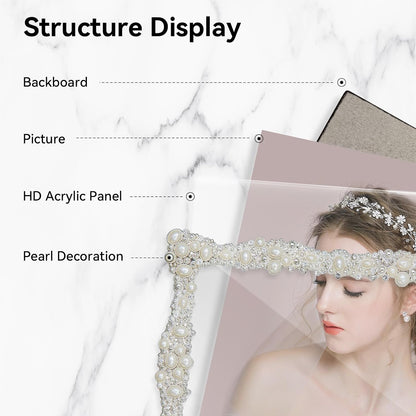 DIKAR 8x10 Picture Frame with Pearl for Wedding, Silver Plated with HD Acylic Finish Photo Frames with Rhinestones for Horizontal and Vertical Decor Tabletop Display