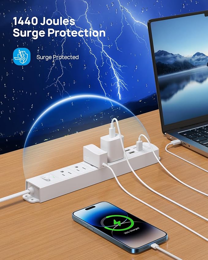 TROND Flat Plug Power Strip USB-5ft Flat Extension Cord Surge Protector Wall - Image 4