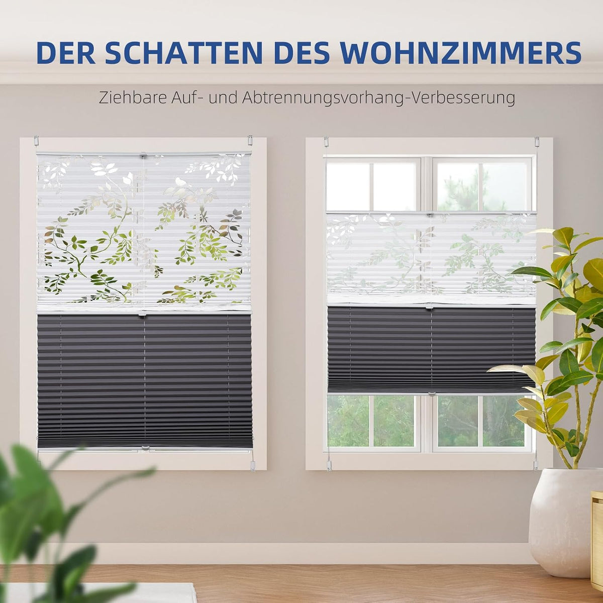 Sekey Pleated Blind Double Pleated Day+Night Blackout No Drilling Tensioned Light Protection Klemmfix Translucent Burnout Pattern 55 x 120 cm Print and Grey
