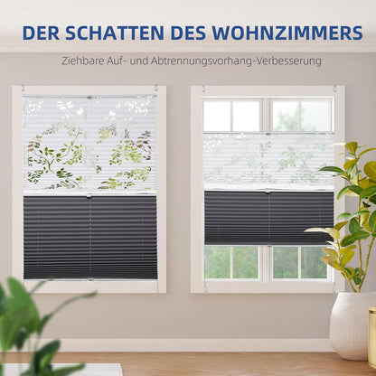Sekey Pleated Blind Double Pleated Day+Night Blackout No Drilling Tensioned Light Protection Klemmfix Translucent Burnout Pattern 55 x 120 cm Print and Grey