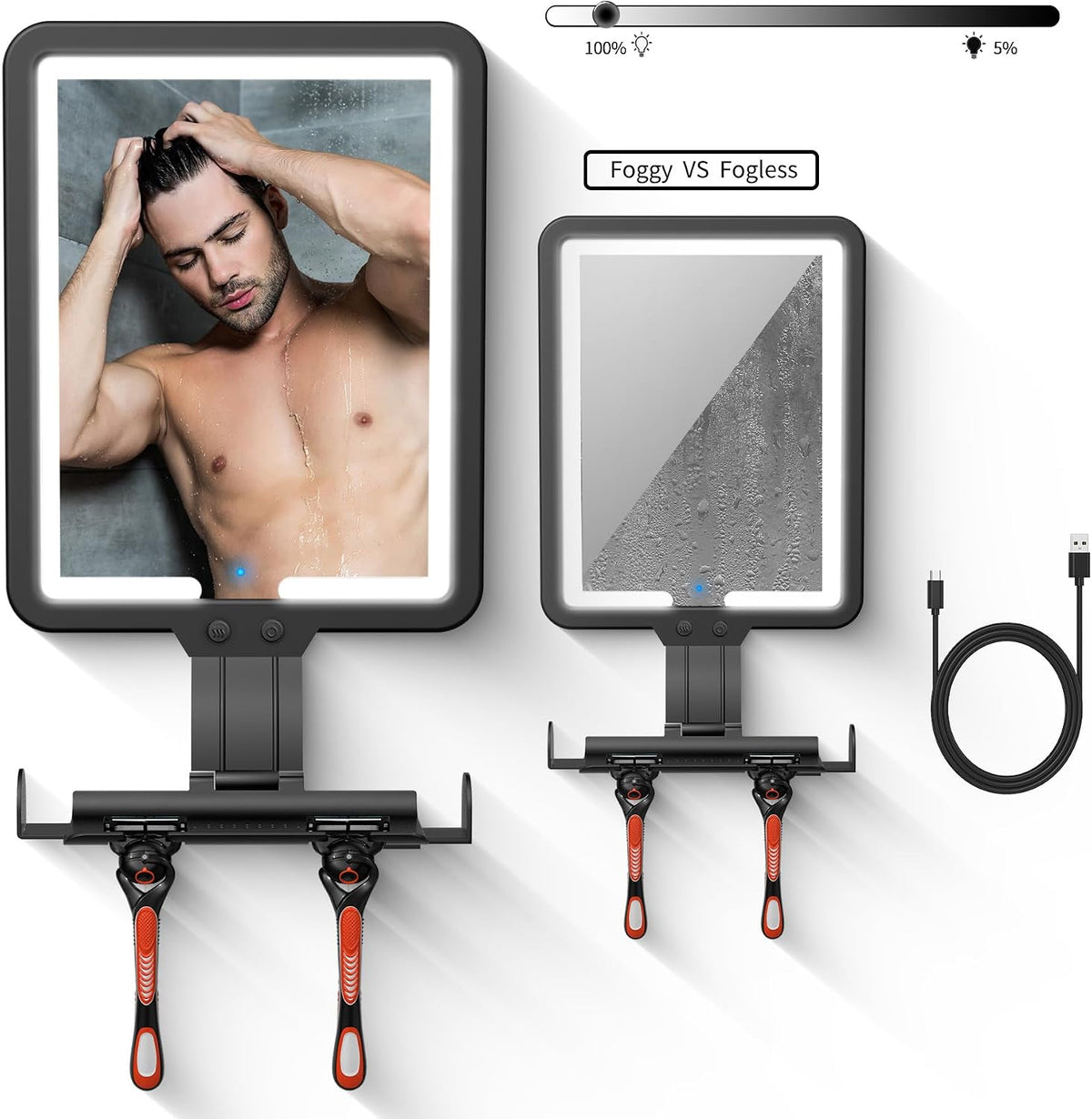 Shower Mirror Fogless for Shaving,Quick Anti Fog Mirror for Shower with Light, 3-Color Led Light Bathroom Mirror with Strong Adhesive Backing, Dimmable Brightness Makeup Mirrors for Wall