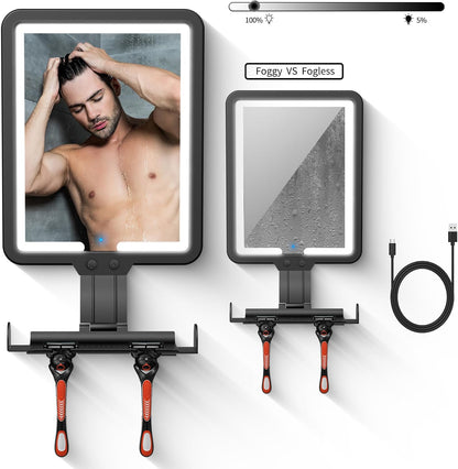 Shower Mirror Fogless for Shaving,Quick Anti Fog Mirror for Shower with Light, 3-Color Led Light Bathroom Mirror with Strong Adhesive Backing, Dimmable Brightness Makeup Mirrors for Wall