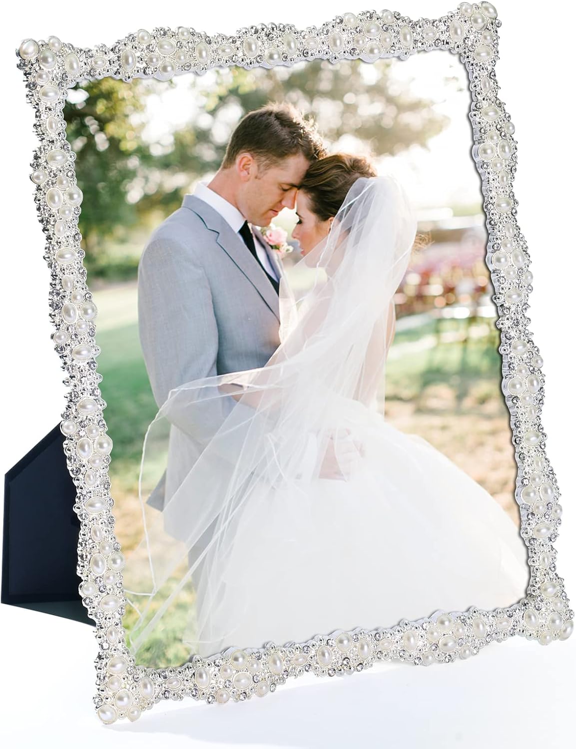 DIKAR 8x10 Picture Frame with Pearl for Wedding, Silver Plated with HD Acylic Finish Photo Frames with Rhinestones for Horizontal and Vertical Decor Tabletop Display