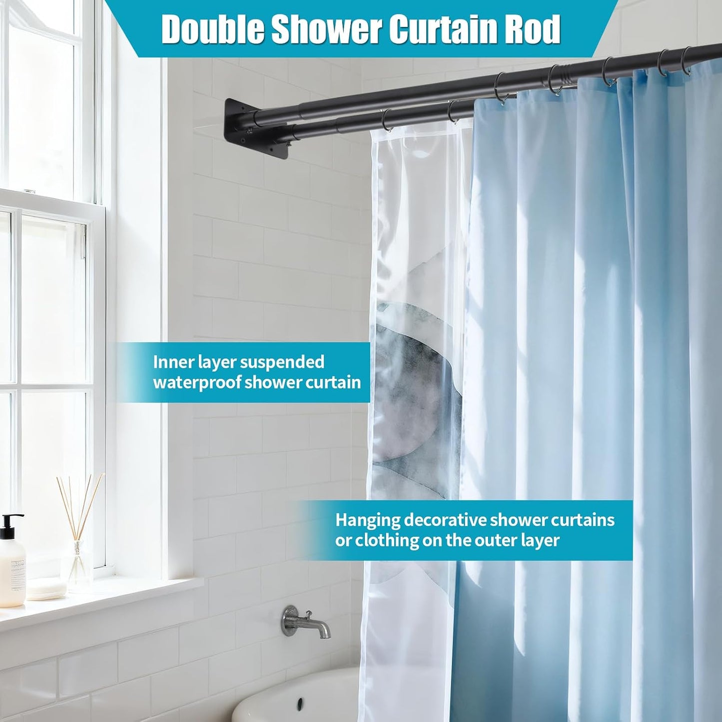 Creatyi 28 to 75 Inches Double Shower Curtain Rod Adjustable Double Shower Curtain Rods for Bathroom (28 to 75'', Black)