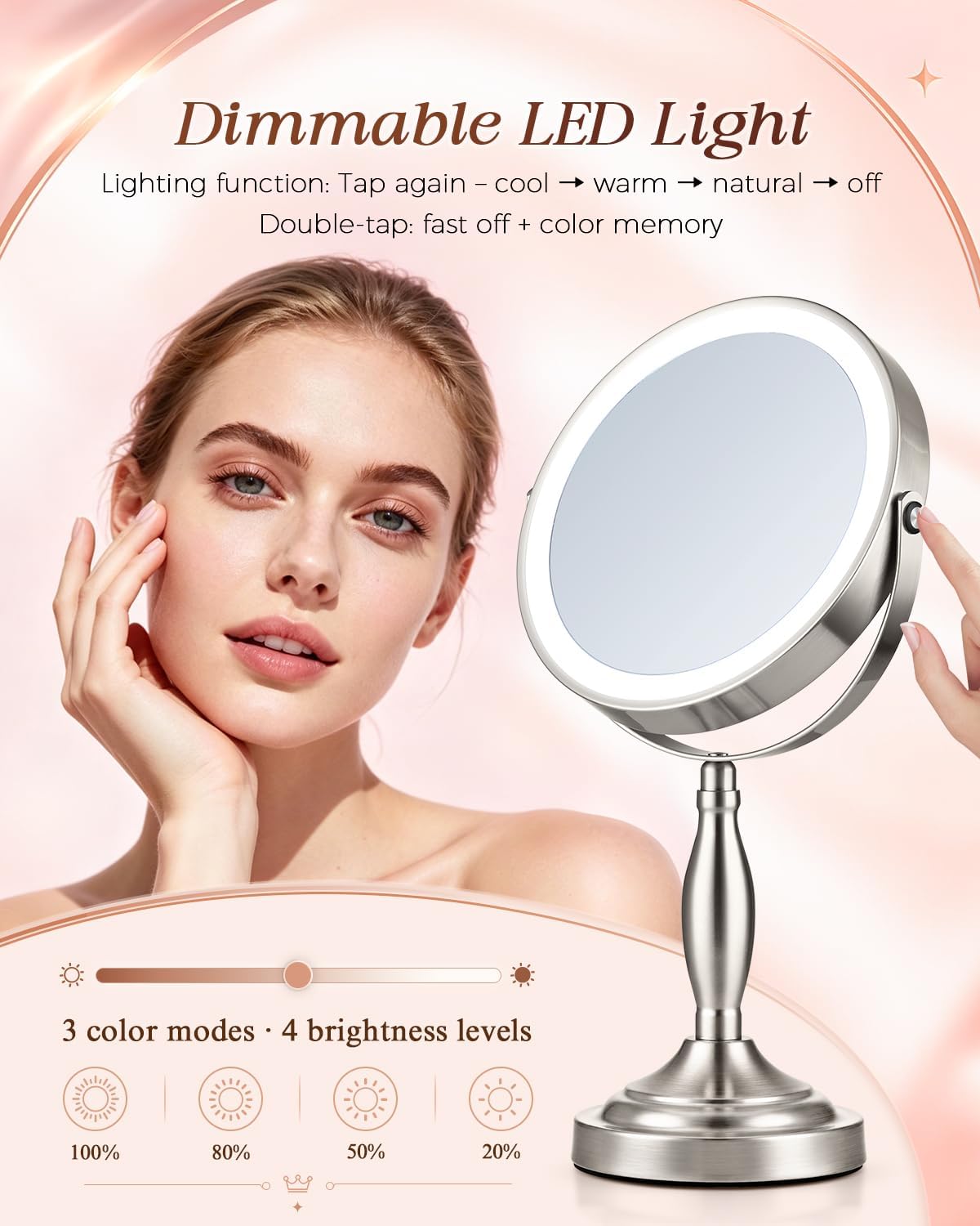 Makeup Mirror with Lights, 1X/30X Double Side Lighted Magnifying Mirror | 8'', 5000mAh Rechargeable Adjustable Brightness with 3 Colors, Side Touch & Side Charging with Adapter, Brushed Nickel