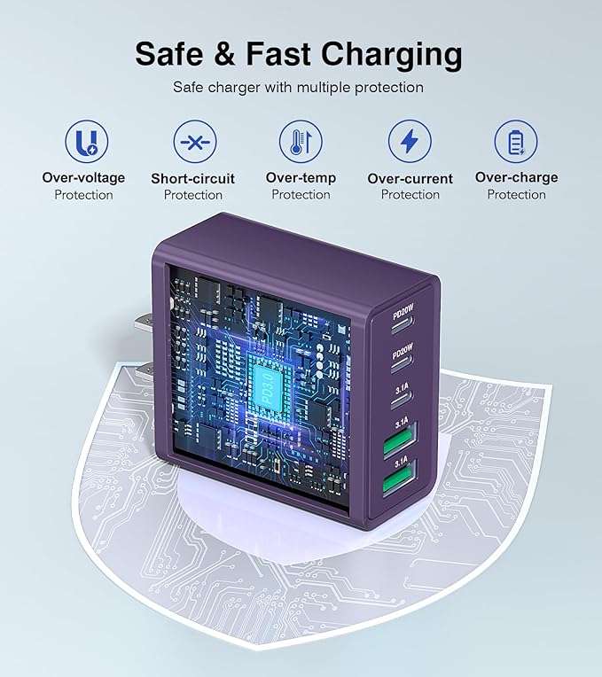 60W USB C Plug, 5-Port Fast Charger Block PD+QC Cube Wall Charging Box Brick - Image 6