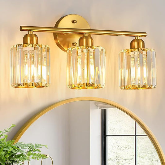 FDPBY Modern 3 Light Crystal Vanity Light, Brushed Gold Vertical Bathroom Light by FDPBY
