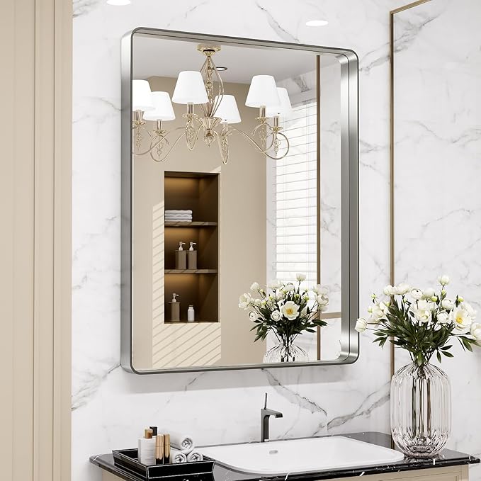 LOAAO 28X36 Inch Brushed Nickel Bathroom Mirror, Rounded Rectangle Silver Metal by LOAAO