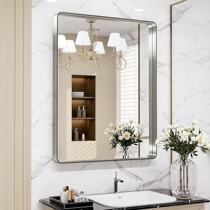 LOAAO 28X36 Inch Brushed Nickel Bathroom Mirror, Rounded Rectangle Silver Metal by LOAAO