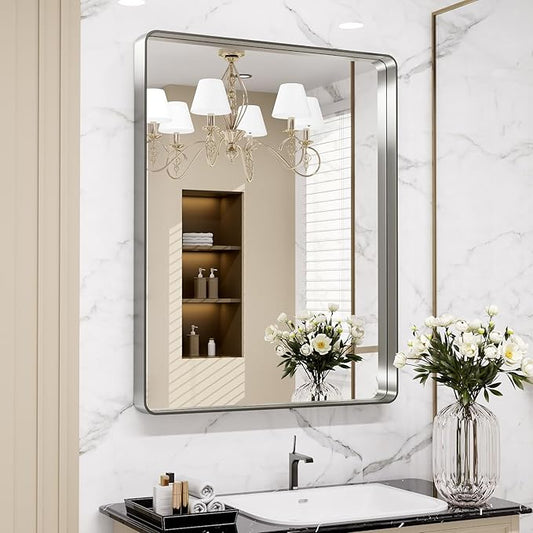 LOAAO 28X36 Inch Brushed Nickel Bathroom Mirror, Rounded Rectangle Silver Metal by LOAAO